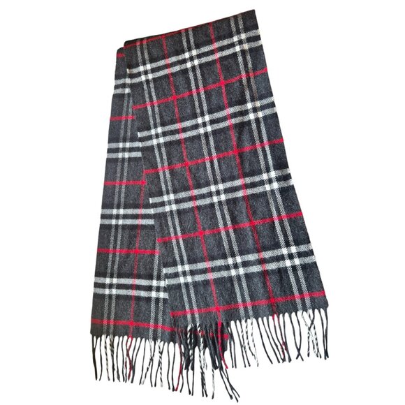 Wool & Cashmere Co Italian Plaid Scarf 11.5" x 60" Charcoal Black Red & White - Picture 2 of 8